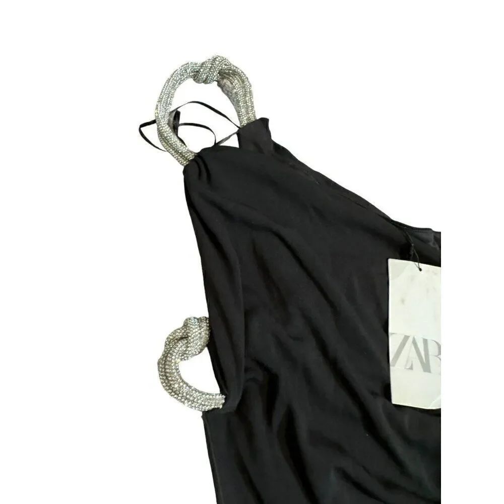 Zara Womens Mini Dress S Black Rhinestone shoulder Ruched Cut Out 7802/636 NWT - Picture 5 of 10